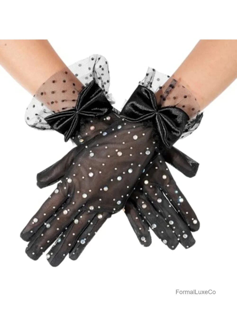Sheer Mesh Lace Floral Gloves with Rhinestones and Bow, Elegant Tea Party